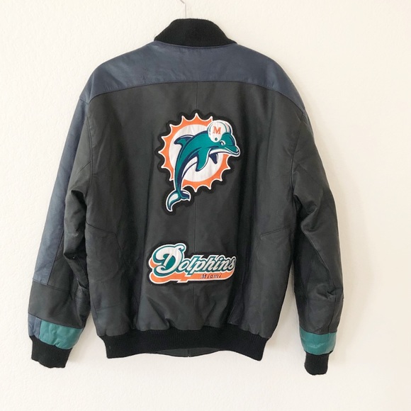 Vintage 90’s Miami Dolphins Leather Bomber Jacket - Picture 2 of 5